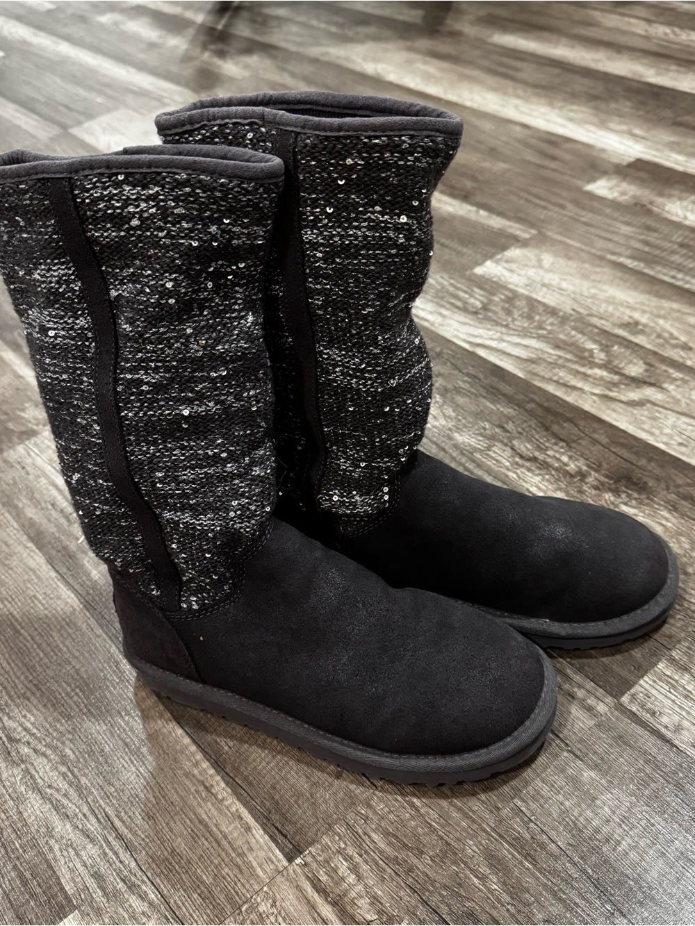 UGG Australia Camaya Charcoal Suede Sequin Knit Boots Size 8